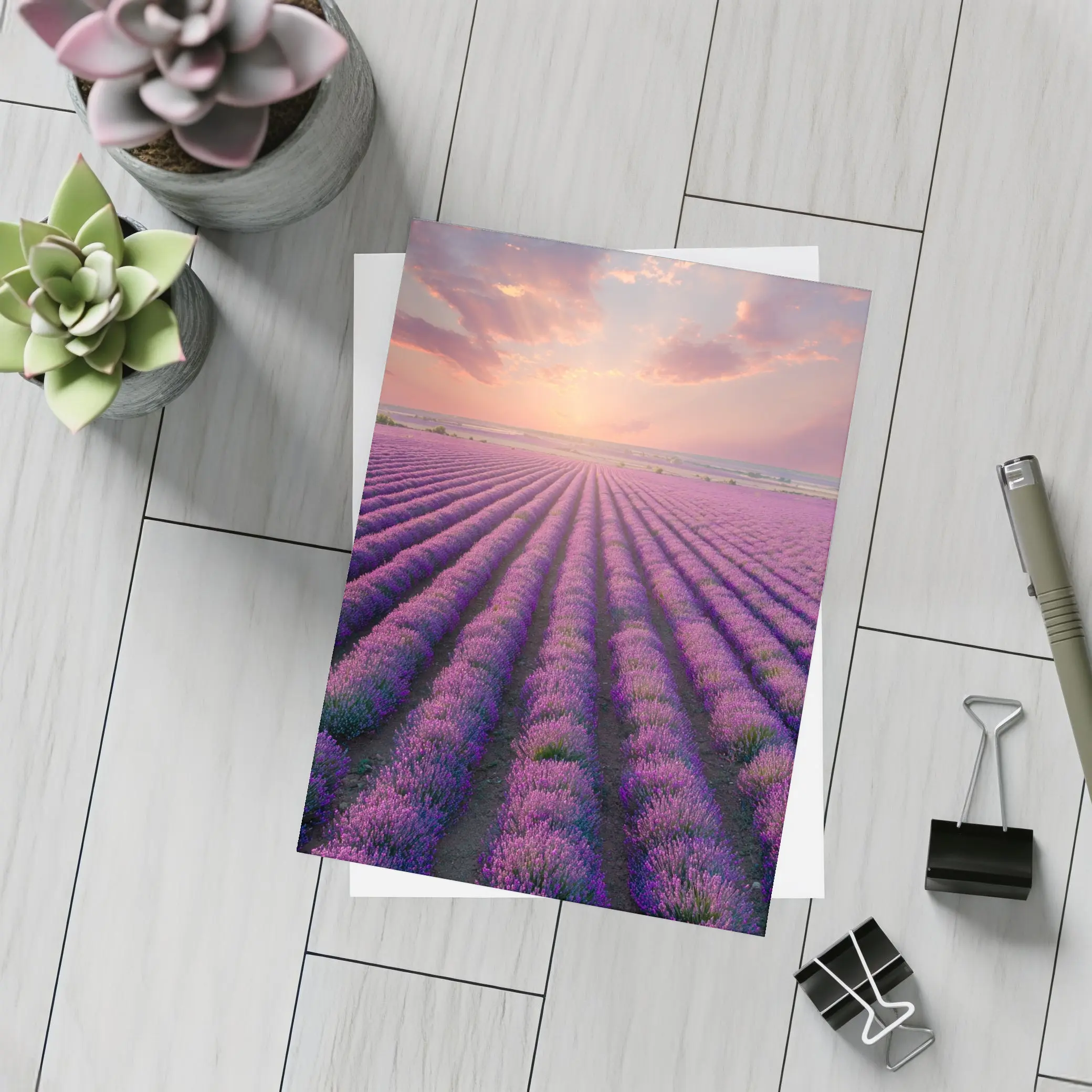 Lavender Field Rows At Sunset Sky – Postcards