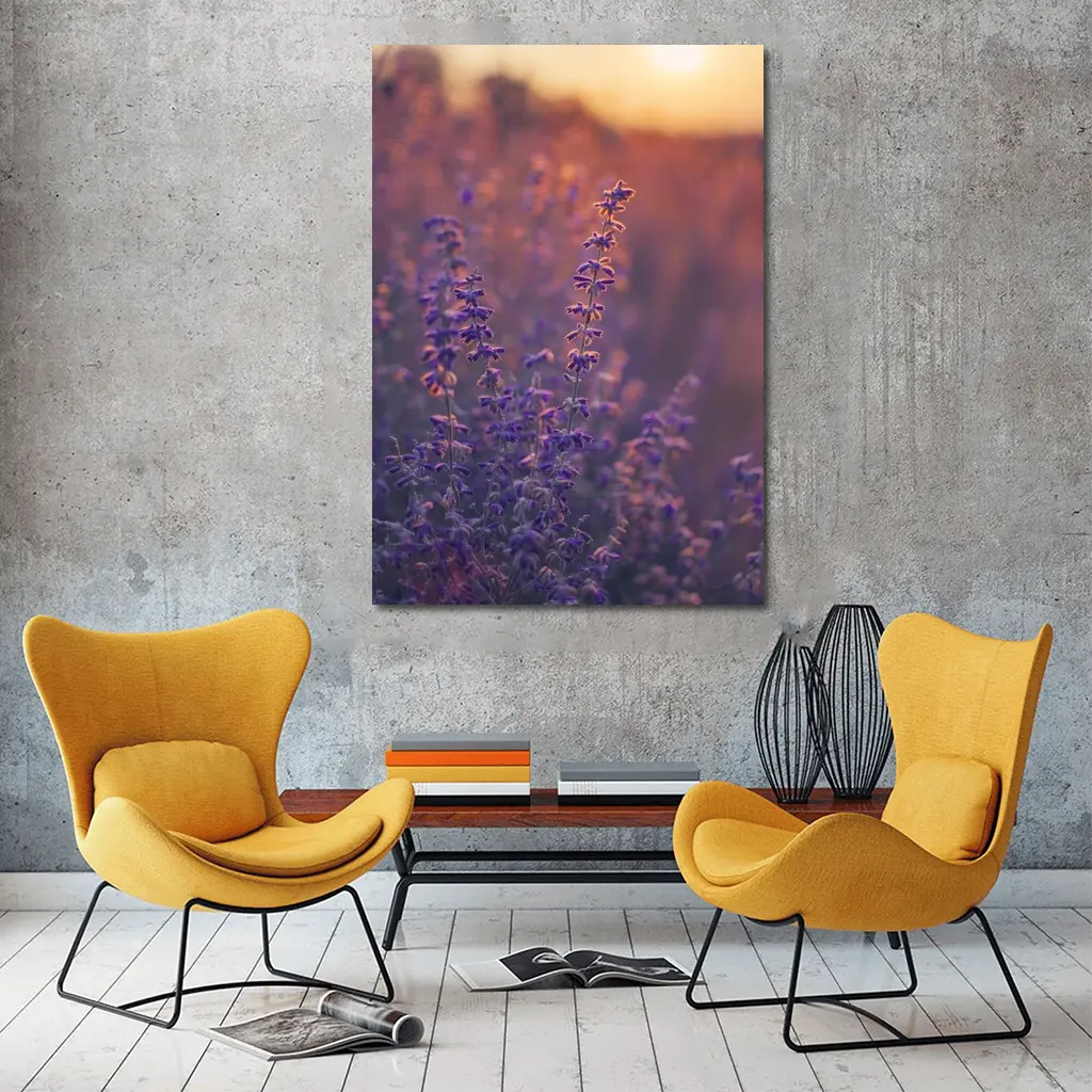 Purple Lavender Field Golden Sunset Glow – Wall Art