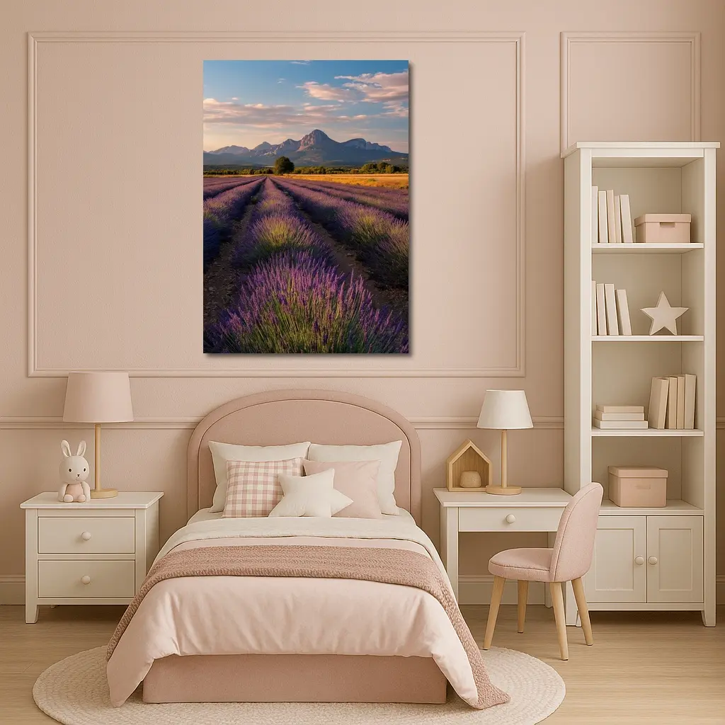 Lavender Fields With Mountain Backdrop Sunset – Wall Art