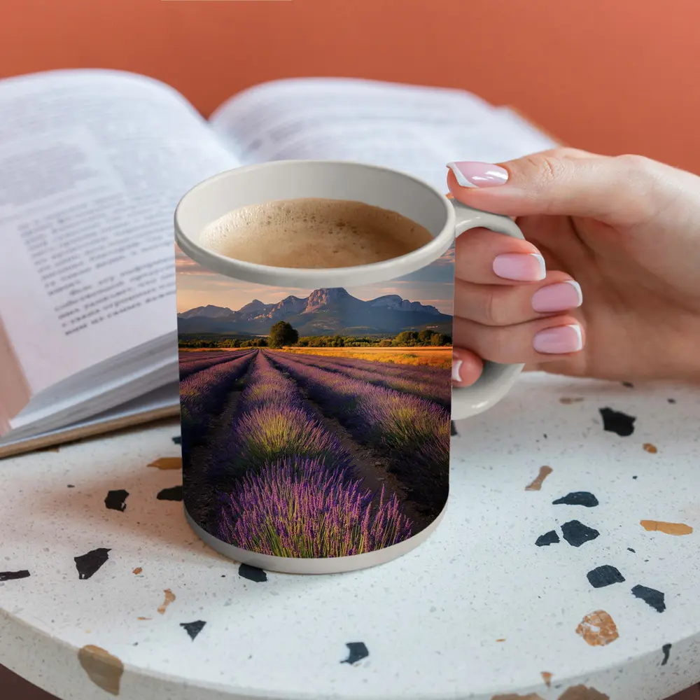 Lavender Fields With Mountain Backdrop Sunset – Mugs
