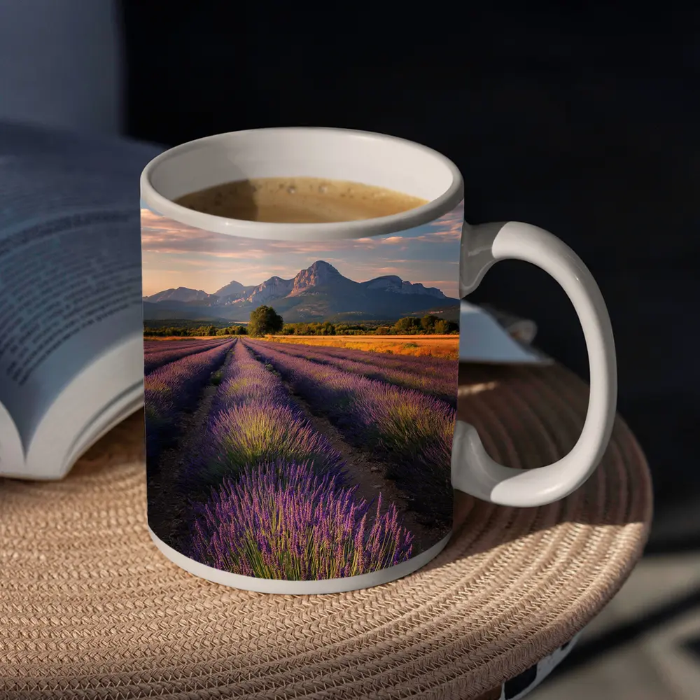 Lavender Fields With Mountain Backdrop Sunset – Mugs