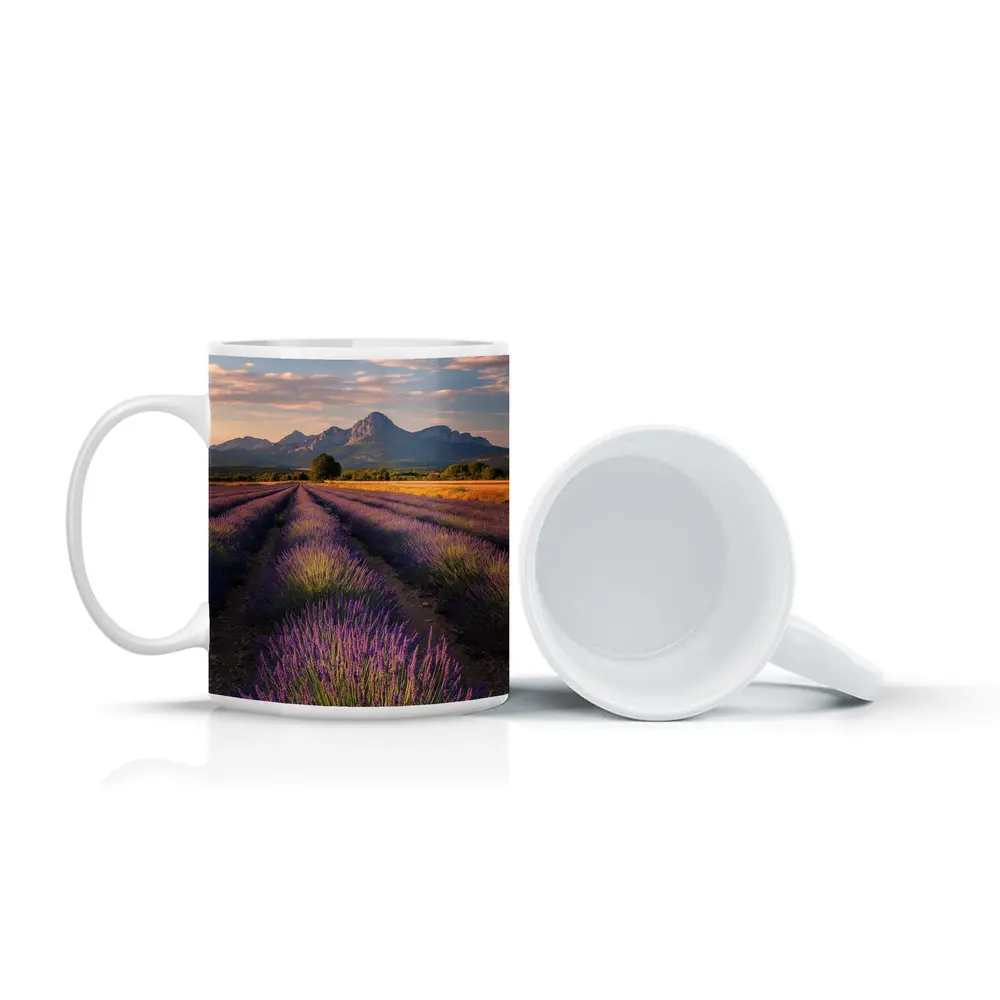 Lavender Fields With Mountain Backdrop Sunset – Mugs