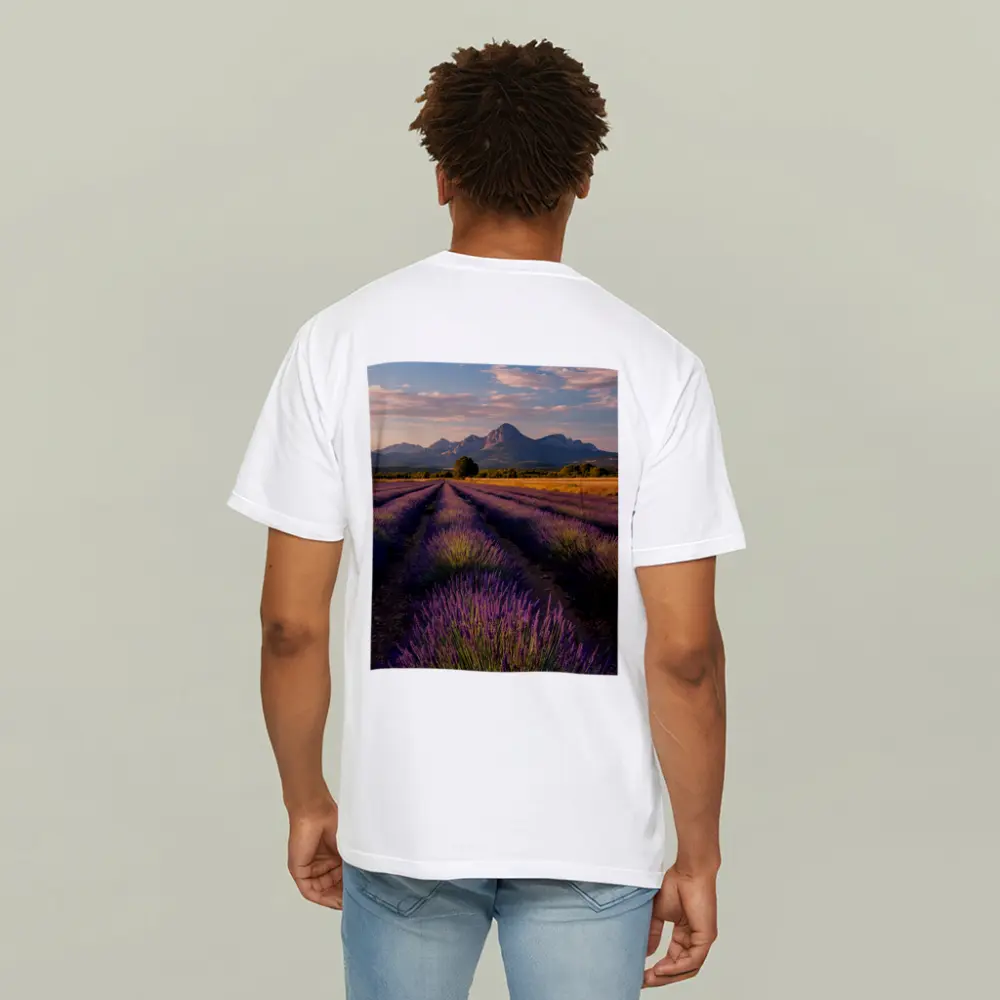 Lavender Fields With Mountain Backdrop Sunset – T-Shirts