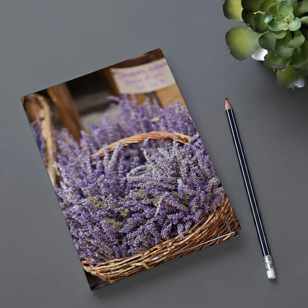 Lavender Bundles in Wicker Basket Market – Notebooks