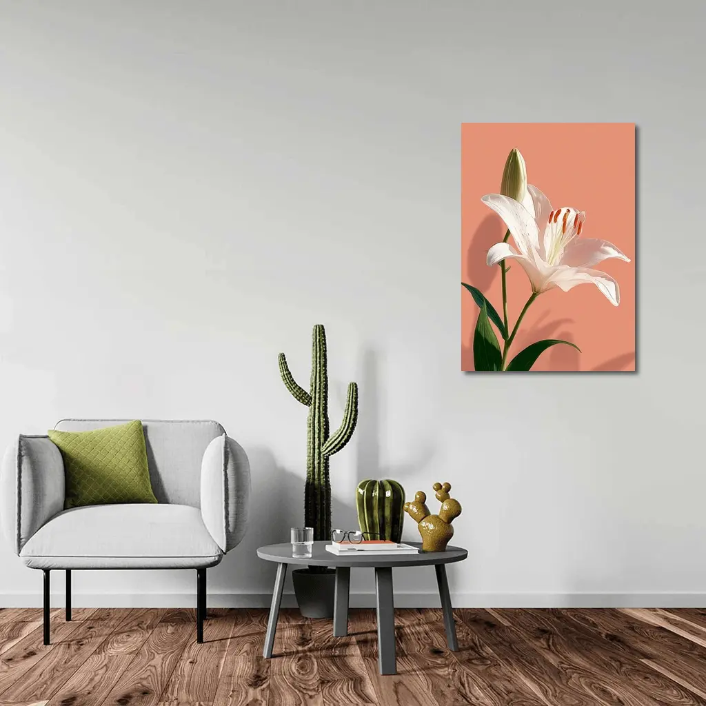 White Lily Flower Soft Peach Background – Wall Art