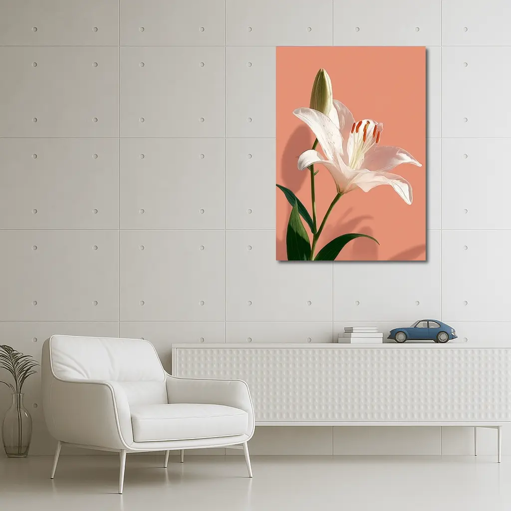 White Lily Flower Soft Peach Background – Wall Art