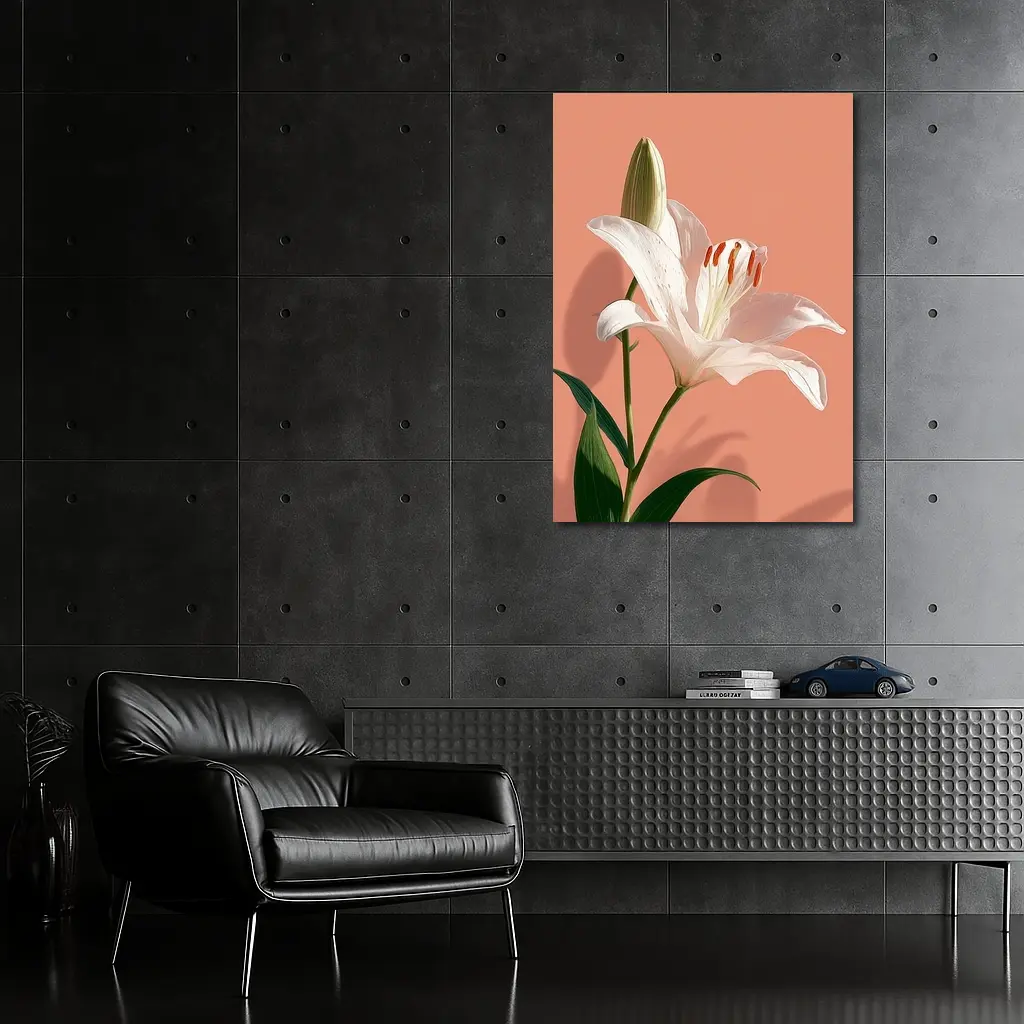 White Lily Flower Soft Peach Background – Wall Art