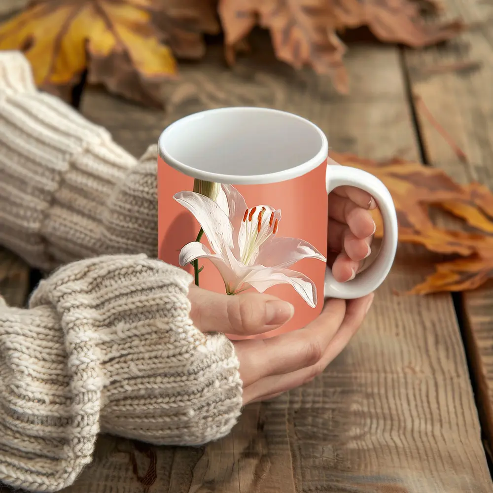 White Lily Flower Soft Peach Background – Mugs