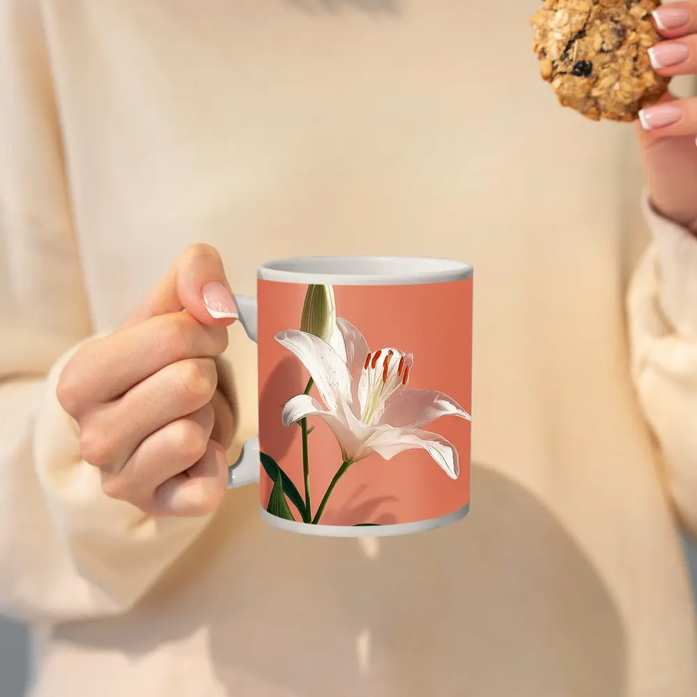 White Lily Flower Soft Peach Background – Mugs