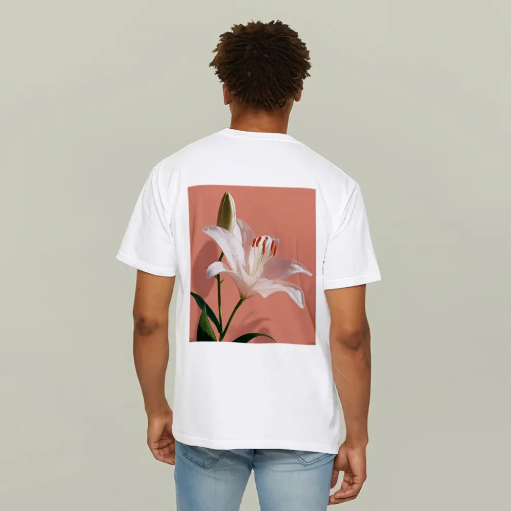 White Lily Flower Soft Peach Background – T-Shirts