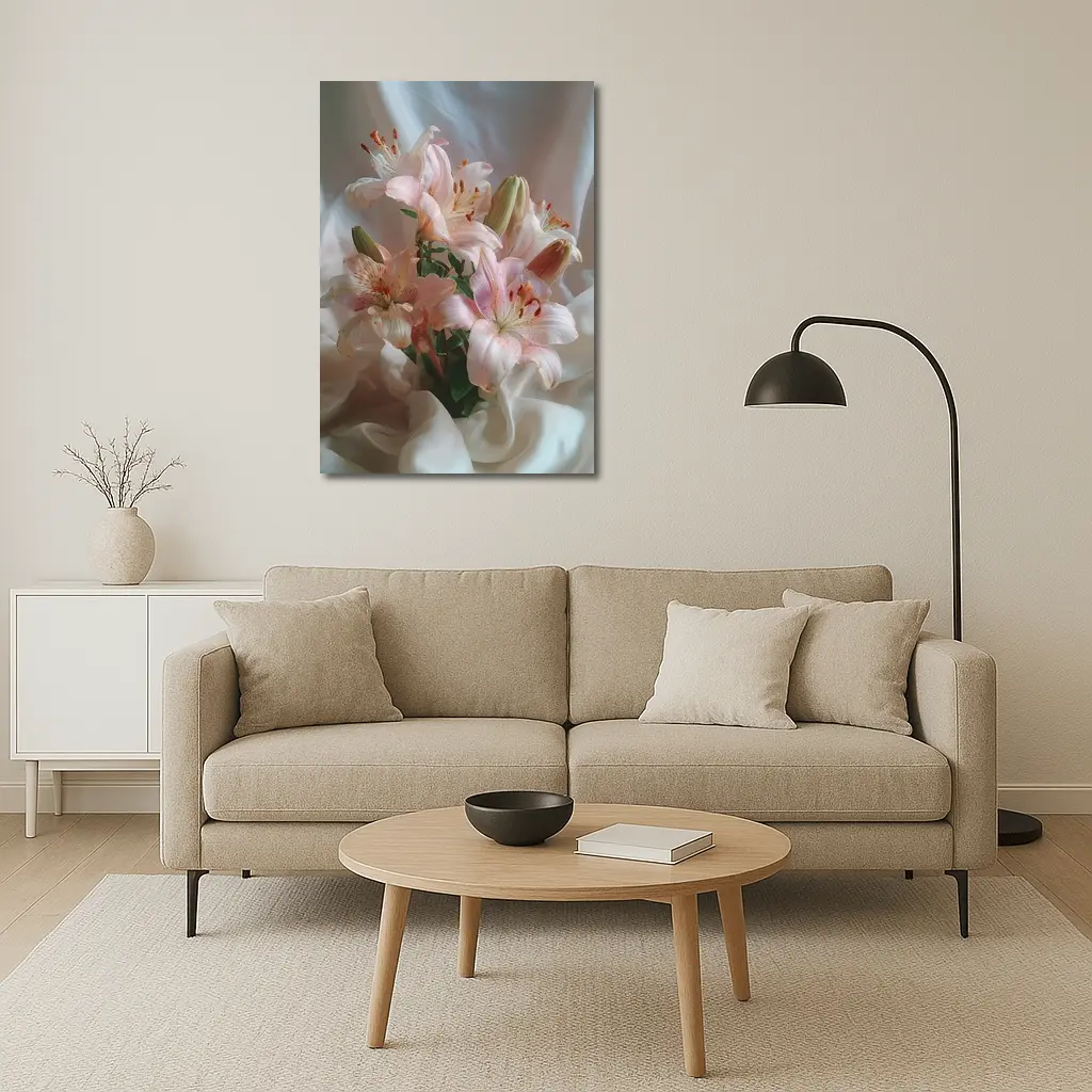 Pink Lily Bouquet on White Silk – Wall Art