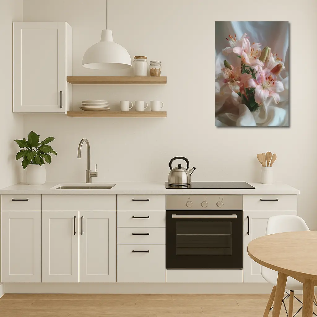 Pink Lily Bouquet on White Silk – Wall Art