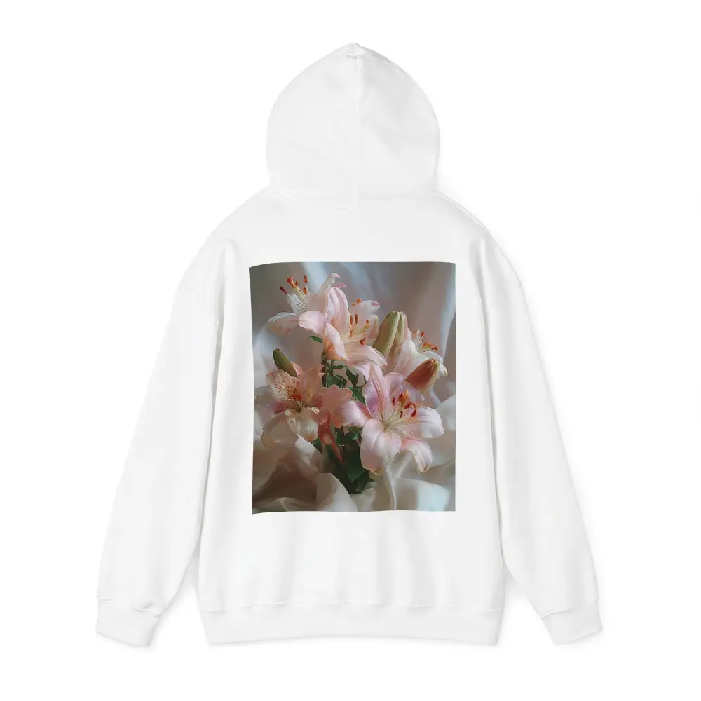 Pink Lily Bouquet on White Silk – Hoodies