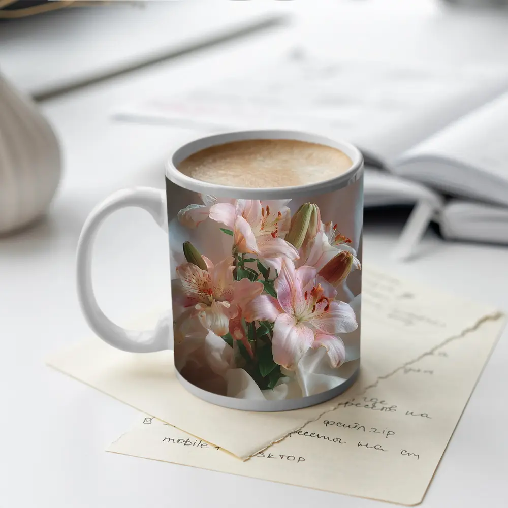 Pink Lily Bouquet on White Silk – Mugs