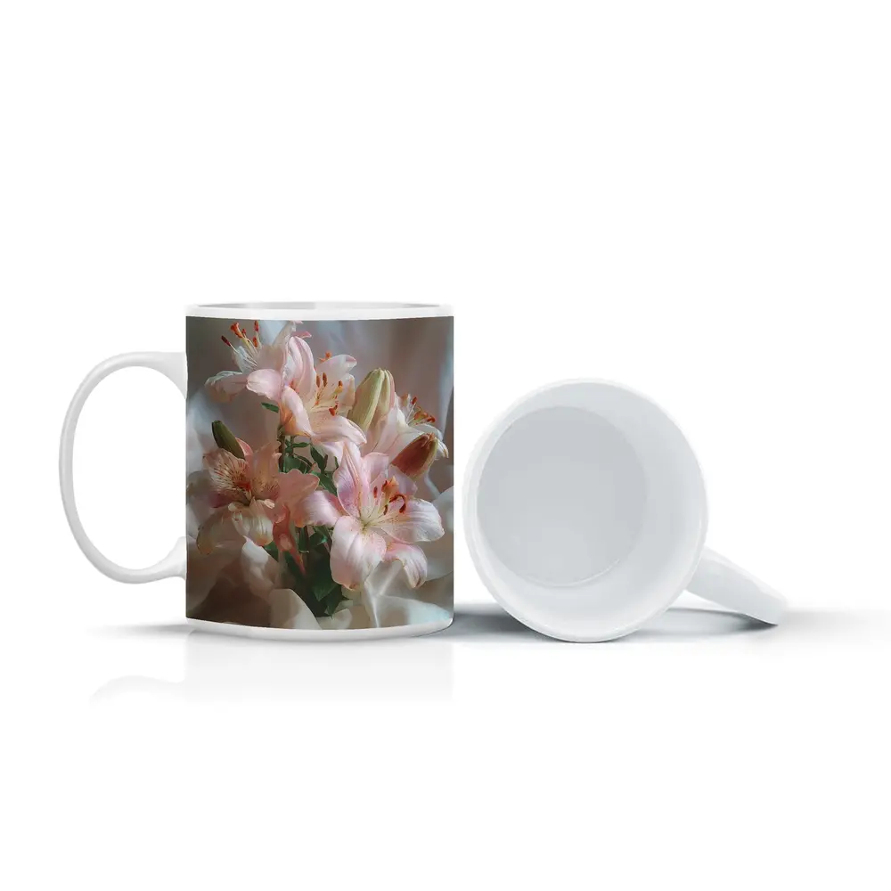 Pink Lily Bouquet on White Silk – Mugs
