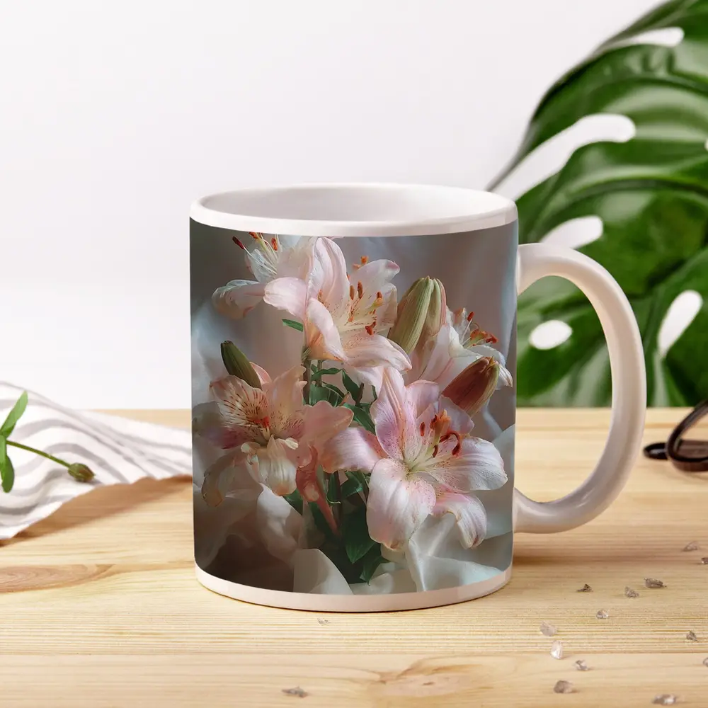 Pink Lily Bouquet on White Silk – Mugs
