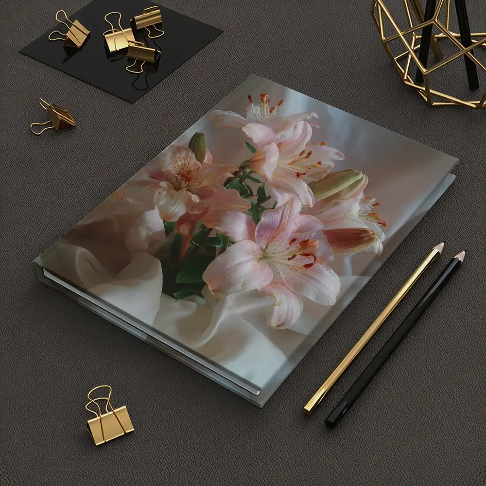Pink Lily Bouquet on White Silk – Notebooks