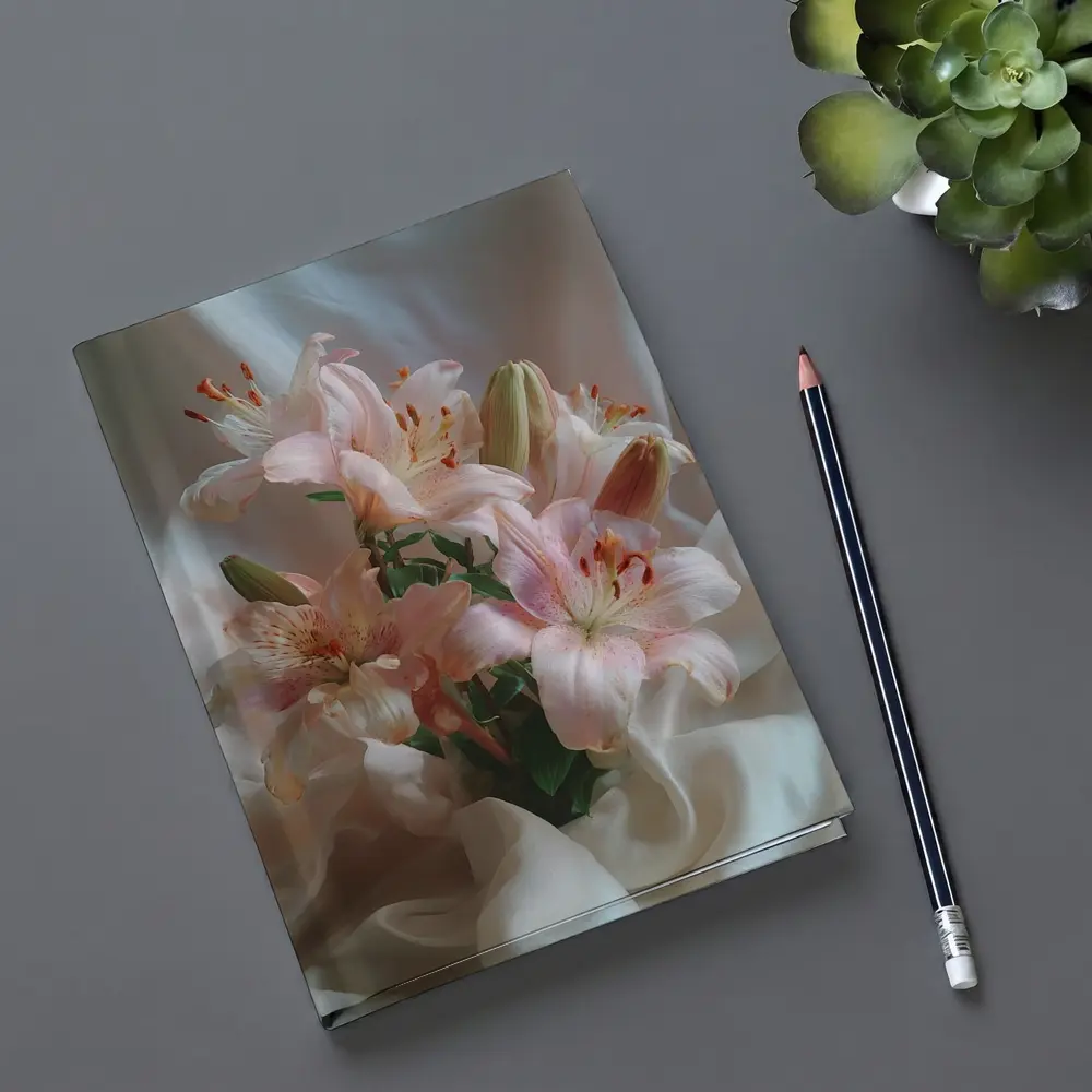 Pink Lily Bouquet on White Silk – Notebooks