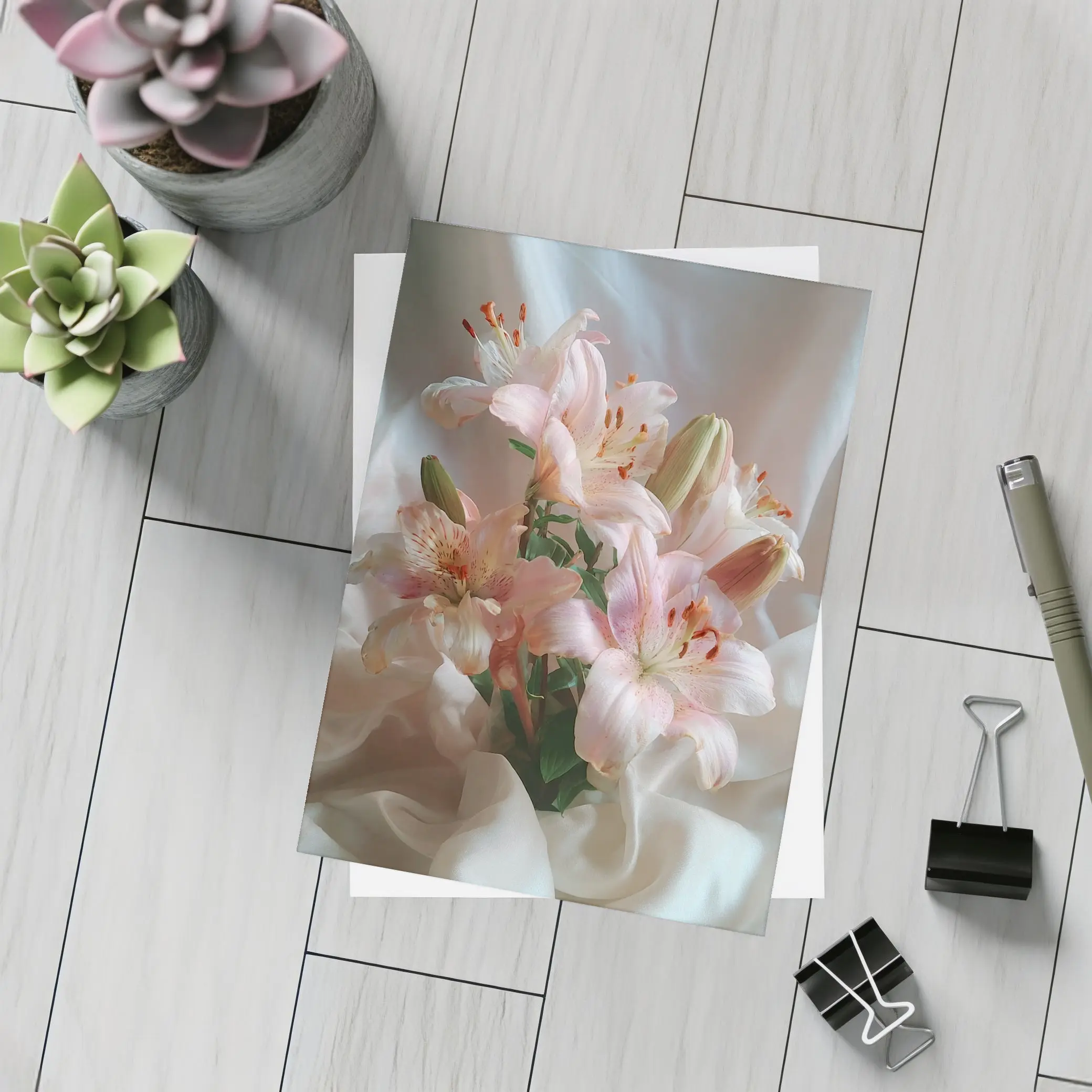 Pink Lily Bouquet on White Silk – Postcards