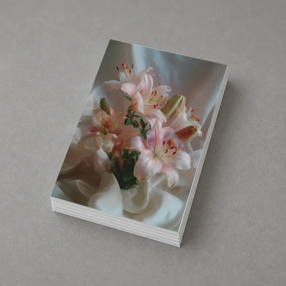 Pink Lily Bouquet on White Silk – Postcards