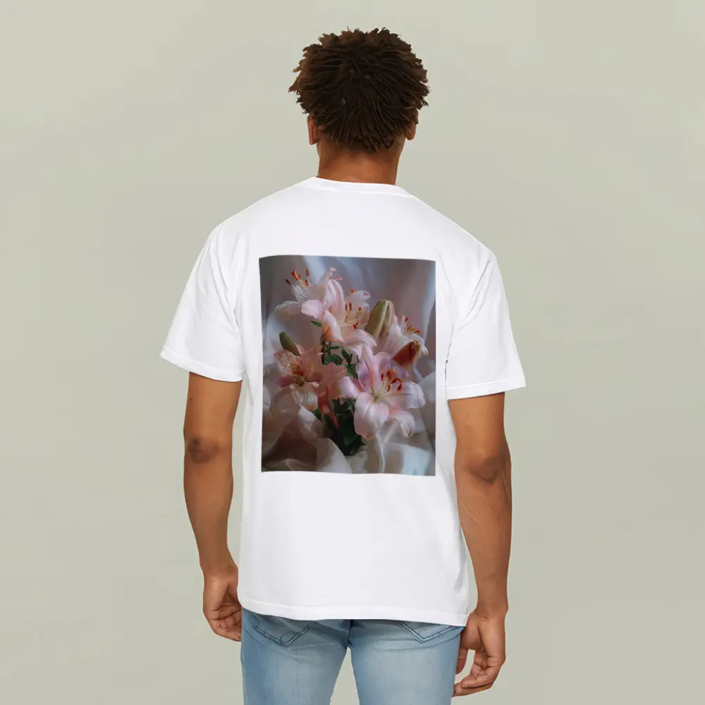 Pink Lily Bouquet on White Silk – T-Shirts