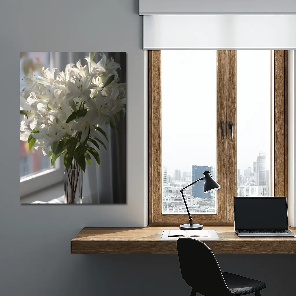 White Lilies Bouquet Glass Vase Window Light – Wall Art