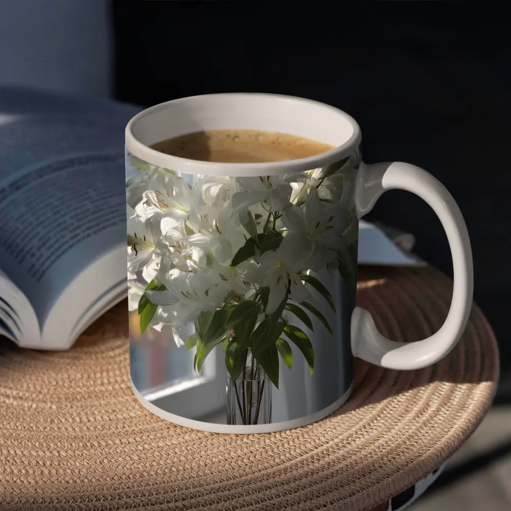 White Lilies Bouquet Glass Vase Window Light – Mugs