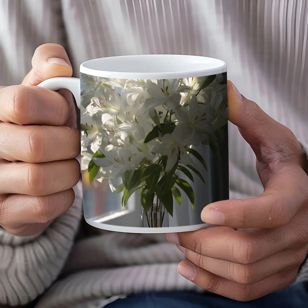 White Lilies Bouquet Glass Vase Window Light – Mugs