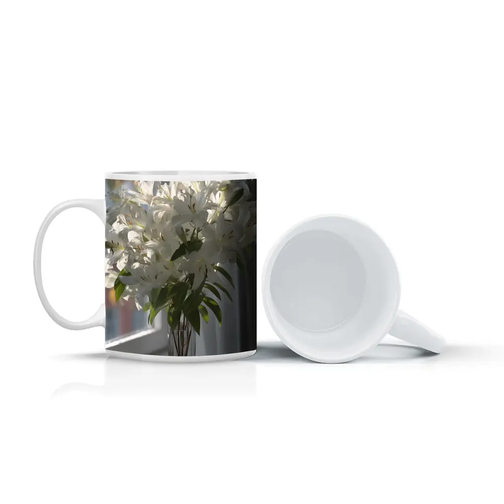 White Lilies Bouquet Glass Vase Window Light – Mugs