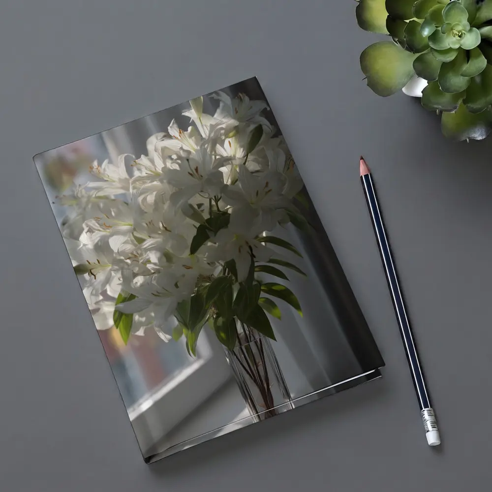 White Lilies Bouquet Glass Vase Window Light – Notebooks
