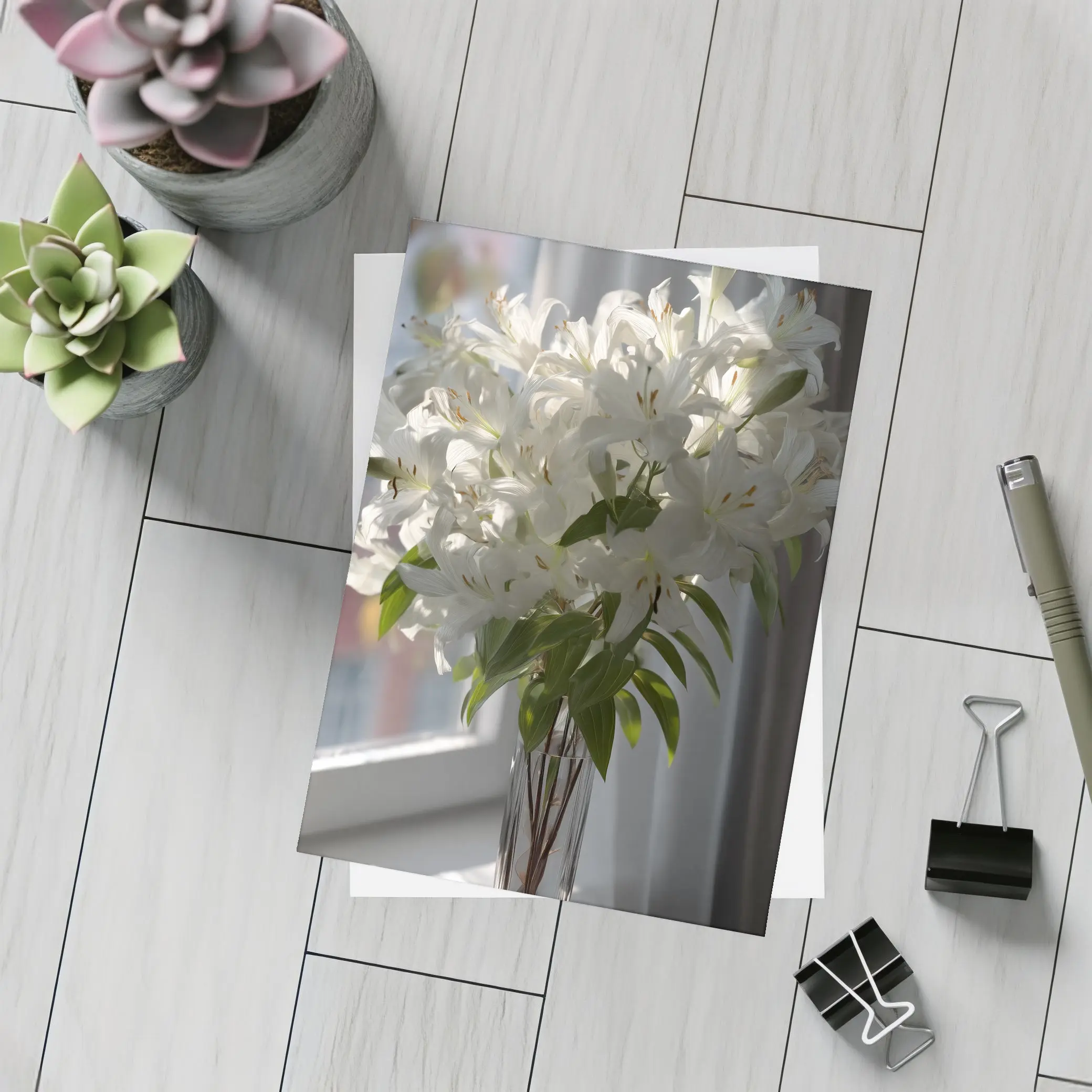 White Lilies Bouquet Glass Vase Window Light – Postcards