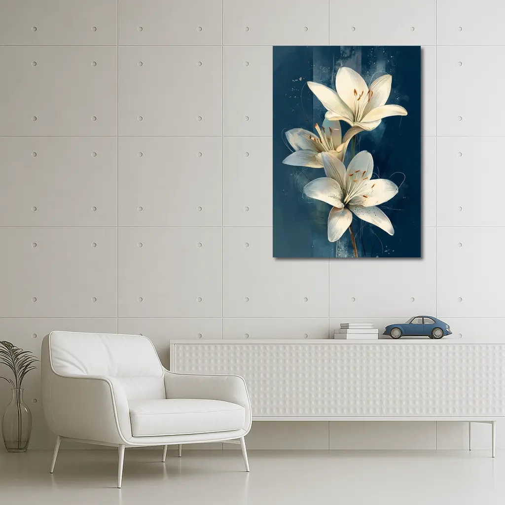 White Lily Flowers Dark Blue Background Art – Wall Art