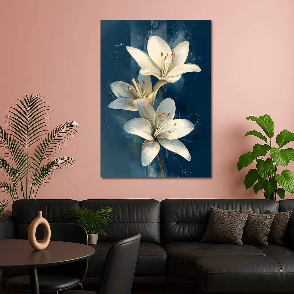 White Lily Flowers Dark Blue Background Art – Wall Art