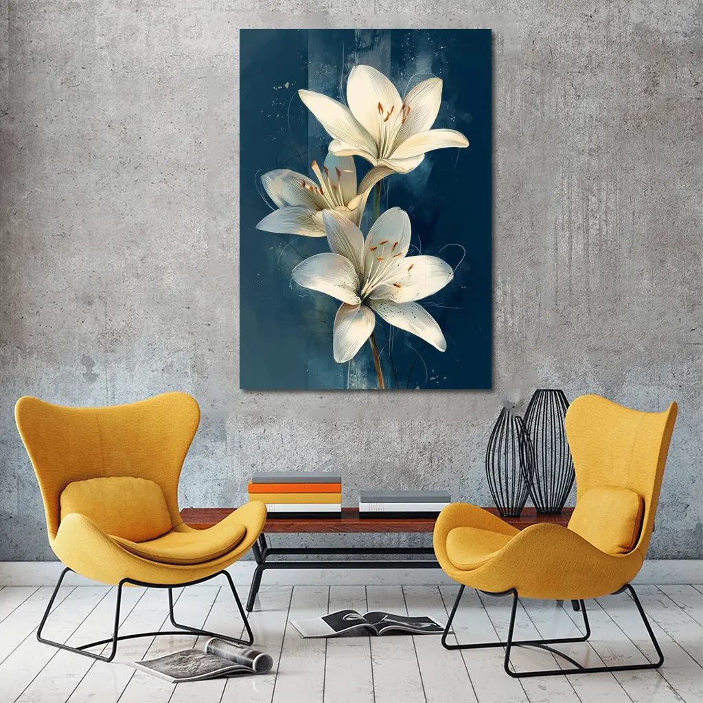 White Lily Flowers Dark Blue Background Art – Wall Art
