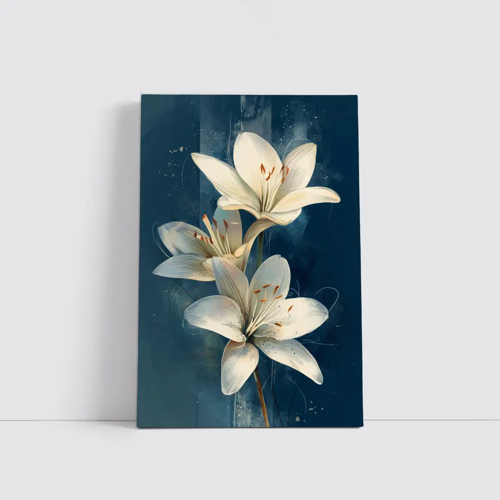 White Lily Flowers Dark Blue Background Art – Wall Art