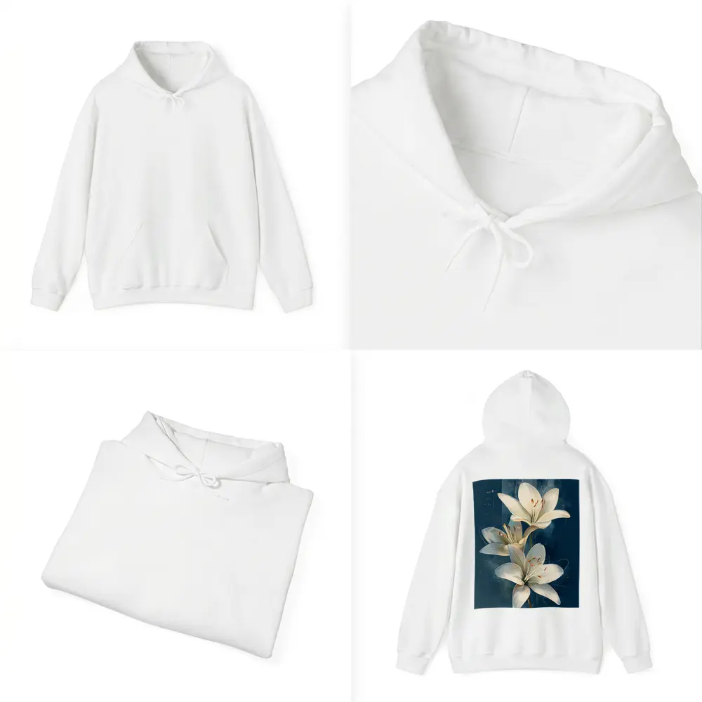 White Lily Flowers Dark Blue Background Art – Hoodies
