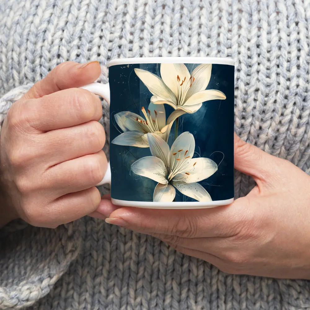 White Lily Flowers Dark Blue Background Art – Mugs