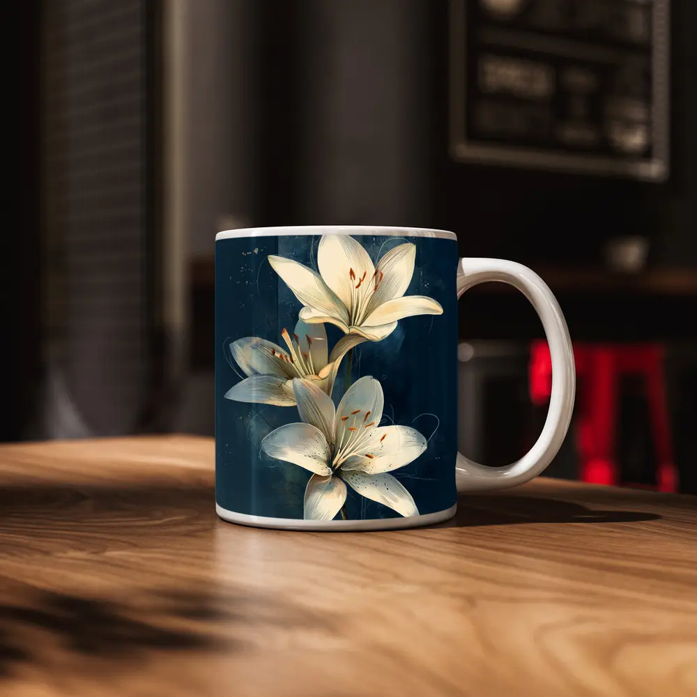 White Lily Flowers Dark Blue Background Art – Mugs