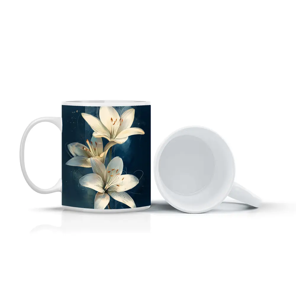 White Lily Flowers Dark Blue Background Art – Mugs