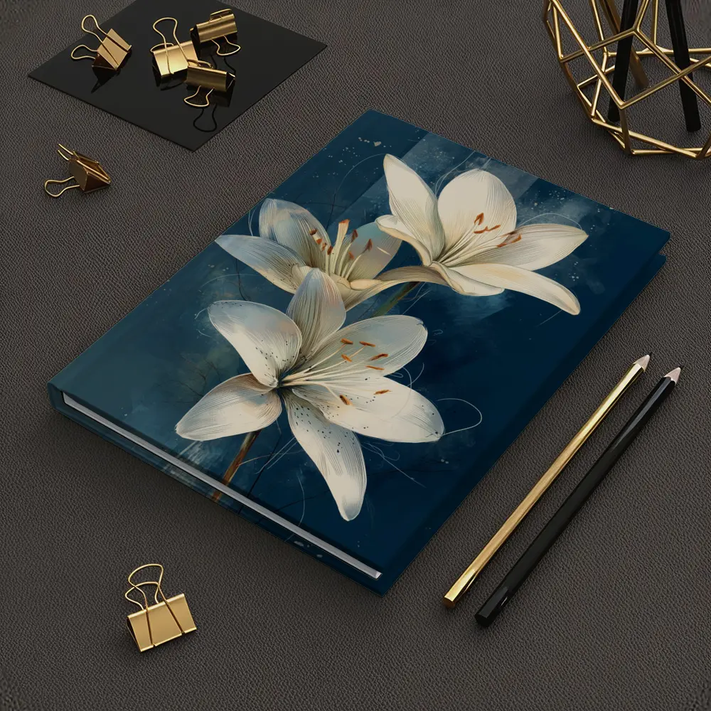 White Lily Flowers Dark Blue Background Art – Notebooks