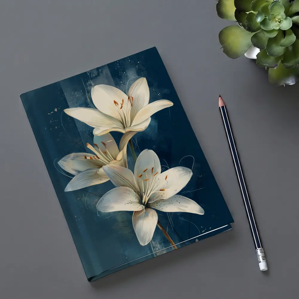 White Lily Flowers Dark Blue Background Art – Notebooks