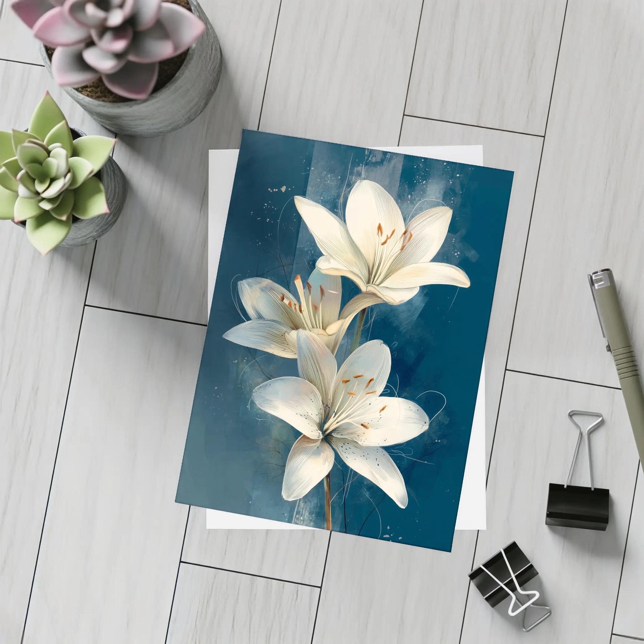 White Lily Flowers Dark Blue Background Art – Postcards
