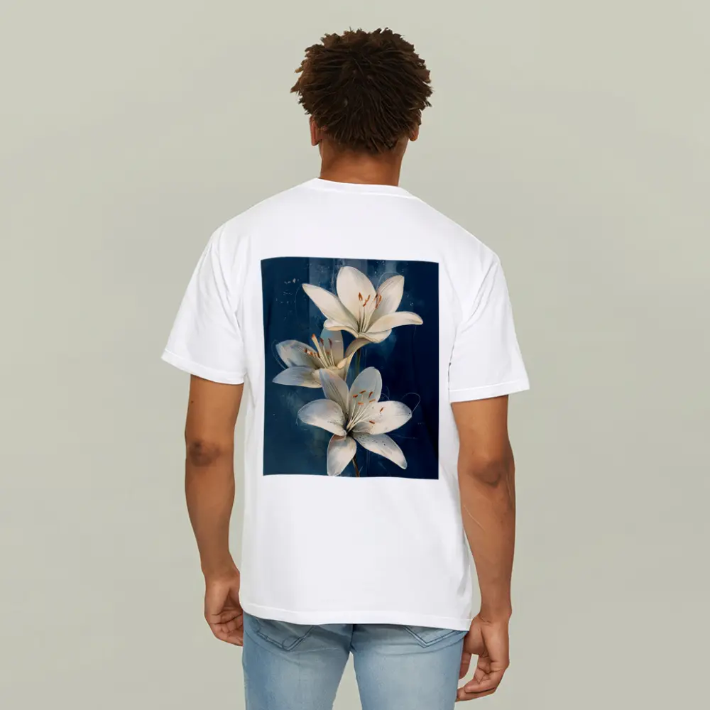 White Lily Flowers Dark Blue Background Art – T-Shirts
