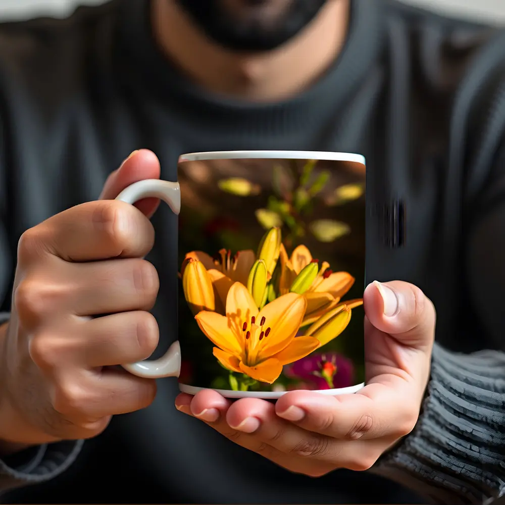 Orange Lily Flowers Blooming Garden Background – Mugs