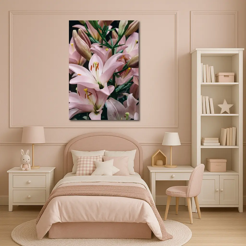 Pink Lily Flowers Close Up Dark Background – Wall Art