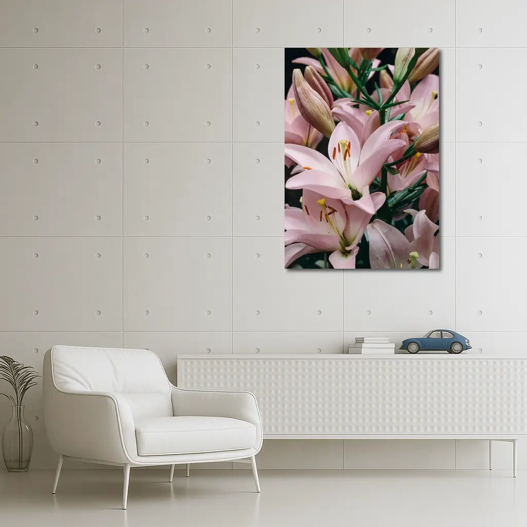 Pink Lily Flowers Close Up Dark Background – Wall Art