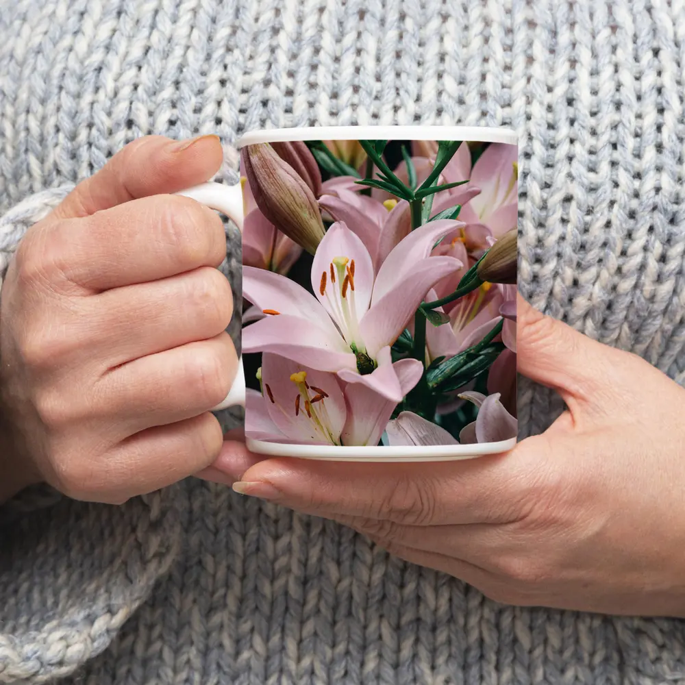 Pink Lily Flowers Close Up Dark Background – Mugs