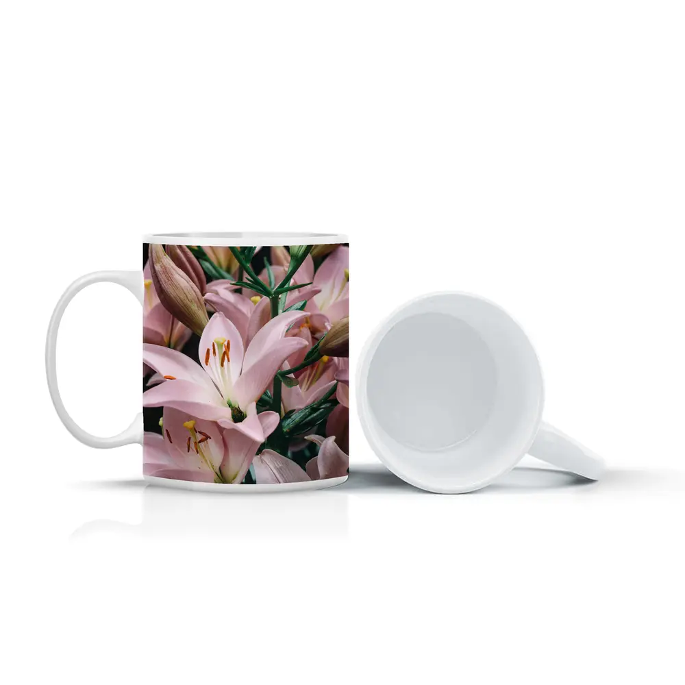 Pink Lily Flowers Close Up Dark Background – Mugs