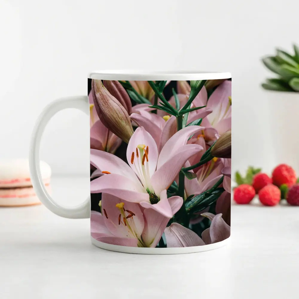 Pink Lily Flowers Close Up Dark Background – Mugs