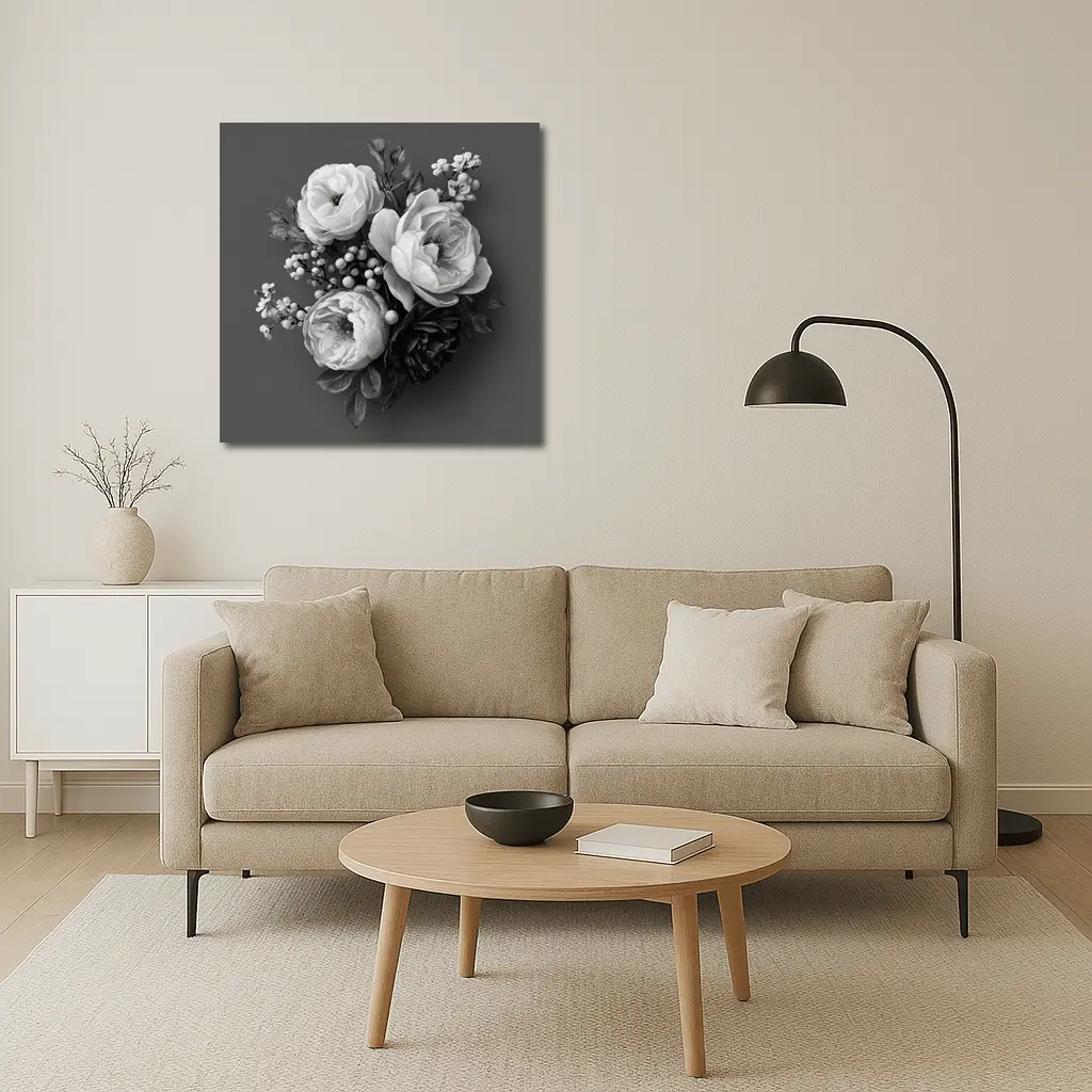 Black and White Peony Bouquet Gray Background – Wall Art